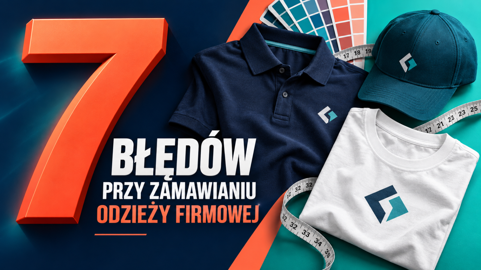 Odzież firmowa z logo: koszulka polo, T-shirt i czapka obok napisu „7 błędów”.