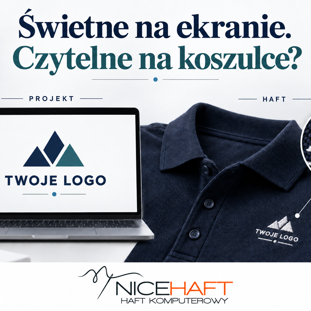 Logo na ekranie laptopa i wyhaftowane na granatowej koszulce polo – porównanie projektu z haftem, grafika Nice Haft.