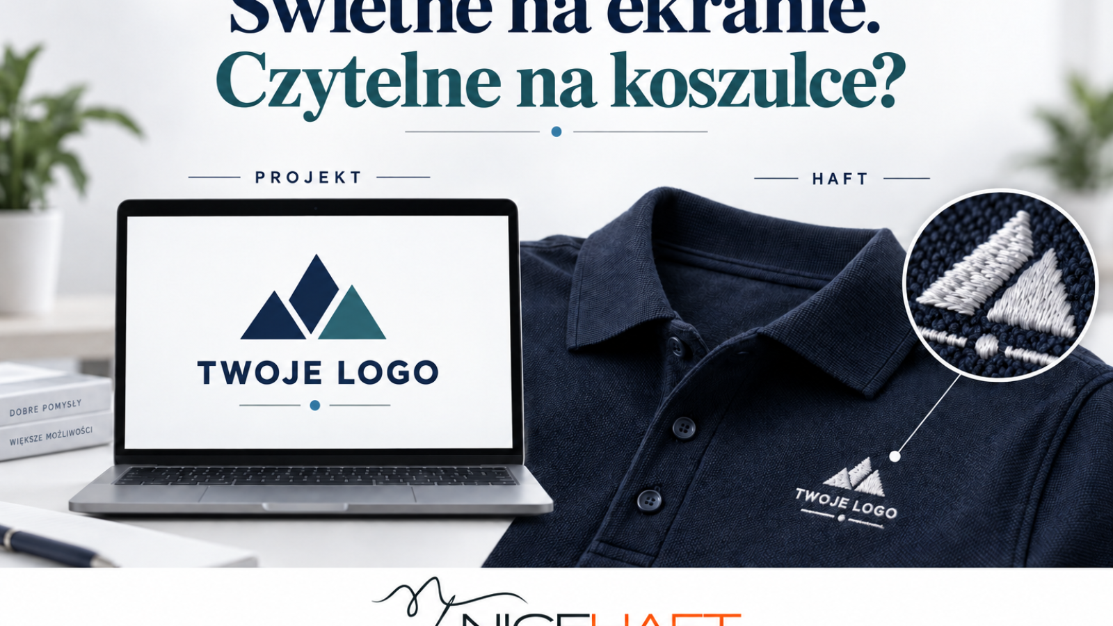 Logo na odzieży – porównanie projektu na ekranie laptopa z haftem na granatowej koszulce polo.